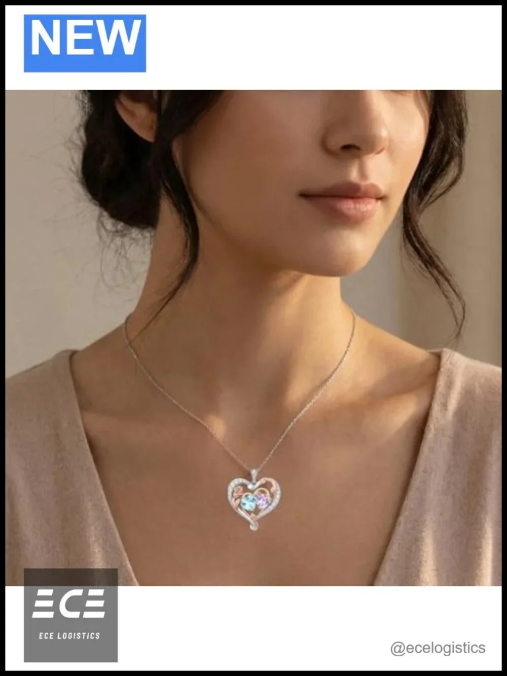 Rose Birthstone Necklace Heart Pendant Adjustable Chain Gift for Women